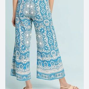 Anthropologie feather and bone Talese Blue and White Patterned Wide-Leg Pants